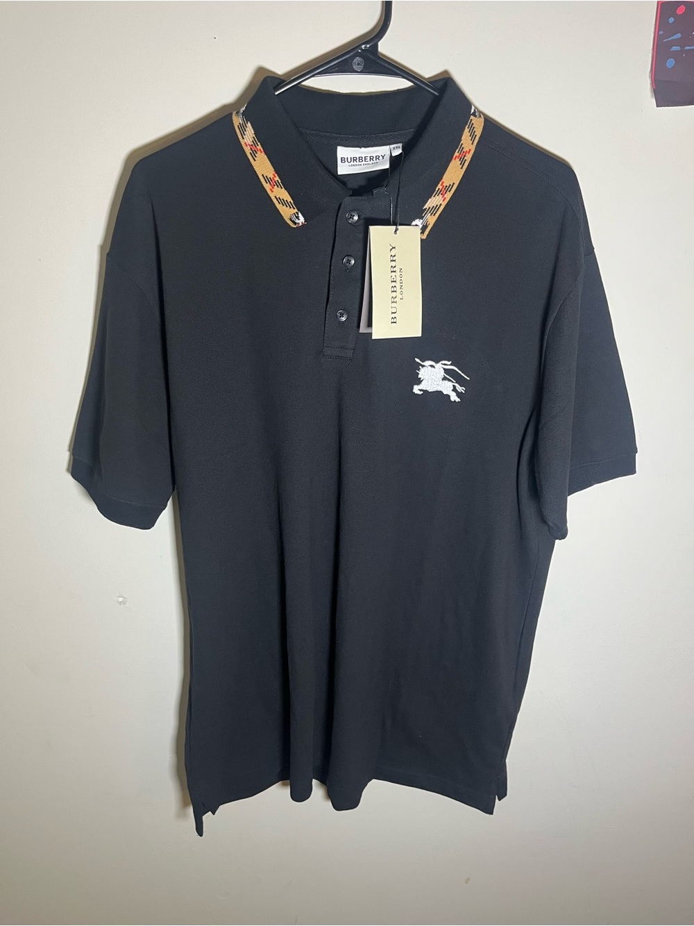Burberry Black Polo with Signature Beige Check Trim